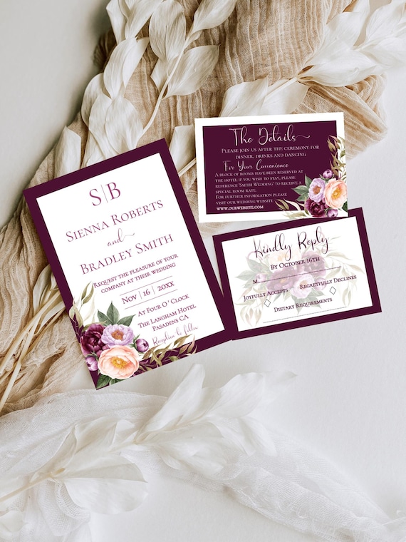 Burgundy Floral Wedding Invitation Set: Blush Peonies, Editable Template