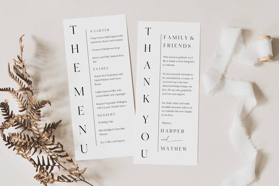 Modern Wedding Menu and Thank You Card Template (Digital Download)