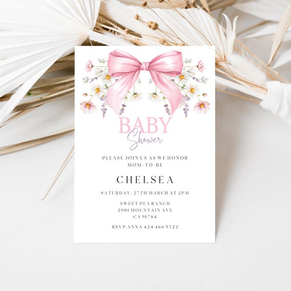 Pink Bow Baby Shower Invitation : Spring Flowers, Floral (Editable Printable) Instant Download #pbr