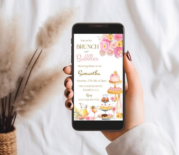 Floral Bridal Shower Evite: Brunch and Bubbles, Sweet Treats (Instant Download)