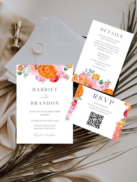 Floral Wedding Invitation Set: Bright Blooms, Tropical Design (Printable, Editable Template) #ora