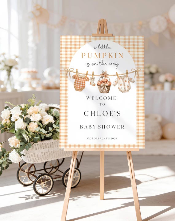 Fall Pumpkin Baby Shower Welcome Sign, Autumn, Clothesline, Gingham (Editable Printable) Digital #acb