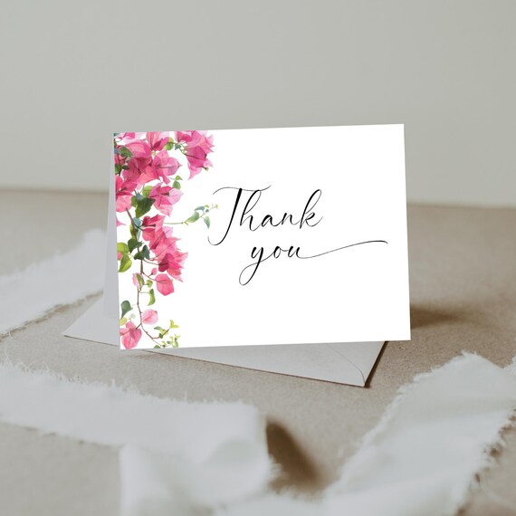Bougainvillea Thank You Card Template: Floral Note Card, Tent fold & Flat (Editable) Printable #bgv