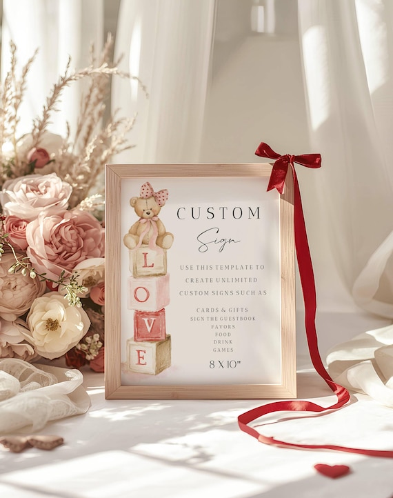 Modern LOVE Valentines Baby Shower Customizable Sign : Teddy, Blocks (Editable Printable) Ins Download #vbb
