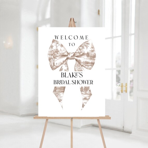 Toile Bow Bridal Shower Welcome Sign Template, Beige (Editable,Printable) #toi