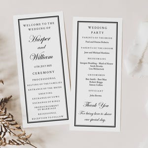 May include: Two white rectangular wedding programme cards with black text and a double-line border. The left card lists the wedding of Harper and William on 11th July 202X and the ceremony order. The right card lists the wedding party and a thank you note.