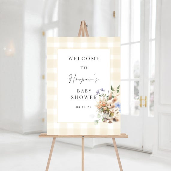 Gingham Bunny Baby Shower Welcome Sign Template, Floral (Editable Digital Download) Printable  #gbb