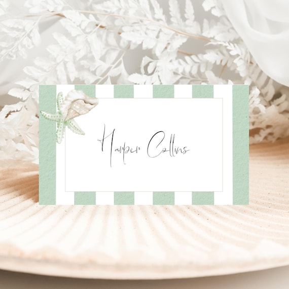 Coastal Design Wedding Place Card, Stripes, Seashells, Shower Beach Name Card (Editable Printable)  #css