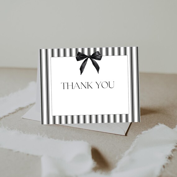 Modern Black Bow Thank You Card Template: Minimalist DIY Printable (5.5x4.25" Tent Fold & Flat)