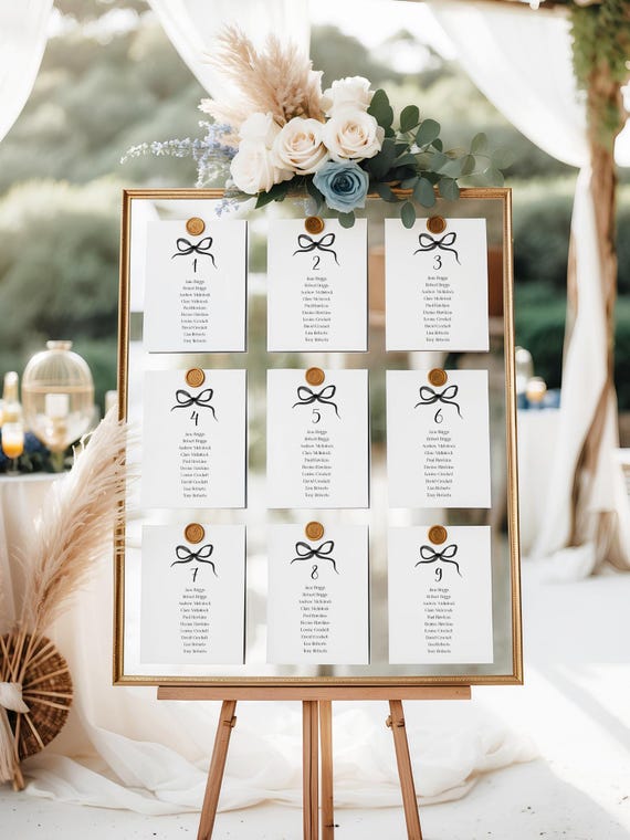 Elegant Wedding Seating Chart Cards: Modern, Table Seating, Bow (Editable Printable ) Instant Download,  5X7