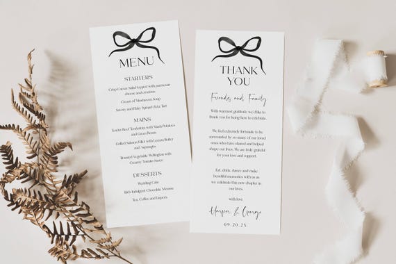 Modern Wedding Menu and Thank You Card Template (Digital Download)