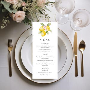 Modèle de menu de mariage citrons, menu de table jaune de Sorrente, menu méditerranéen imprimable, menu d'été modifiable, menu de table de fleurs #lem