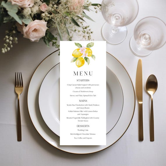 Lemons Wedding Menu Template: Printable Mediterranean Table Menu (Digital Download) Editable #lem