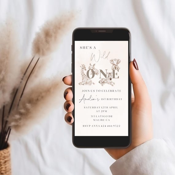Neutral Safari Wild One 1st Birthday Evite Template (Digital)