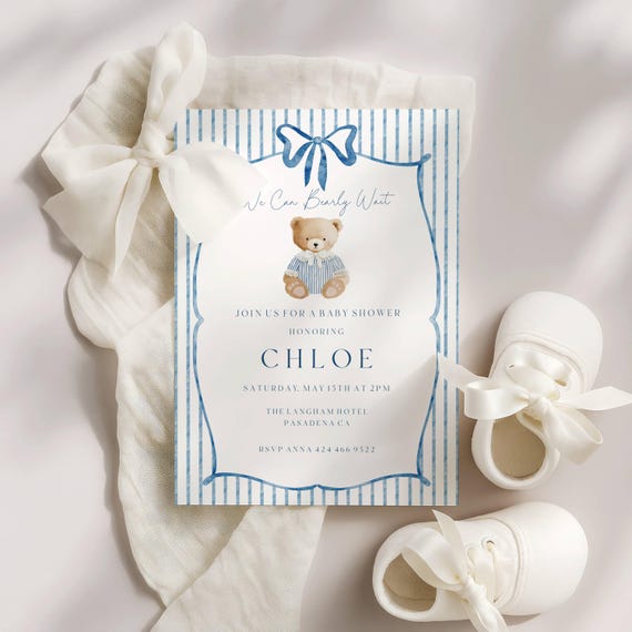 Blue Bear Baby Shower Invitation, Striped, Bow, Teddy Bear, Boy (Editable Printable)  #vtb