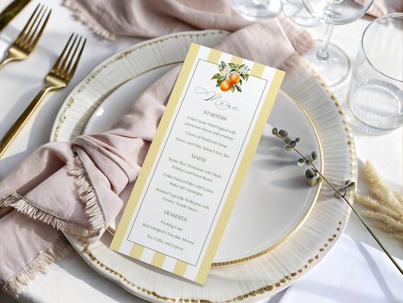 Orange Blossom Wedding Menu, Coastal Dinner Menu, Striped, Mediterranean ( Editable Printable )  #ost