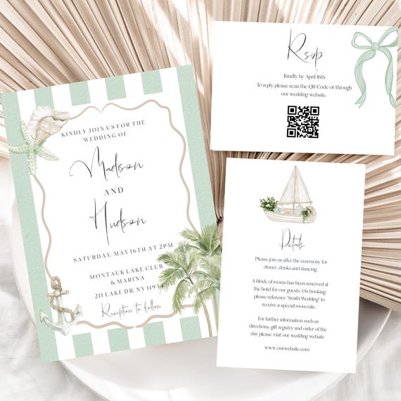 Coastal Design Wedding Invitation Suite, Stripes, seashells, Palm Trees (Editable Printable) Ins Download #css