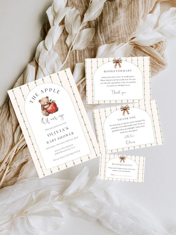 Fall Baby Shower Invitation Set: Plaid Bear, Apple Theme (Editable Printable) #app