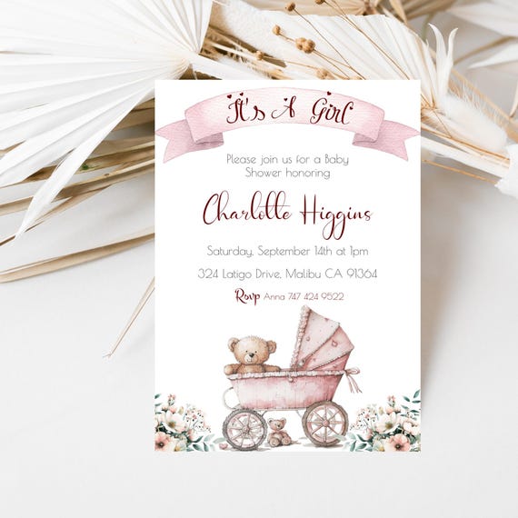 Pink Stroller Baby Shower Invitation: Vintage Floral Teddy Bear (Digital Download) Printable
