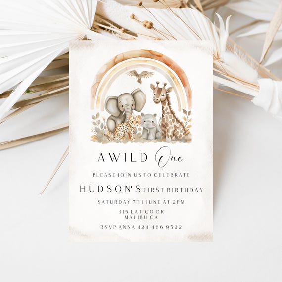 Boho Safari First Birthday Invitation: Wild One Animals (Editable Template)