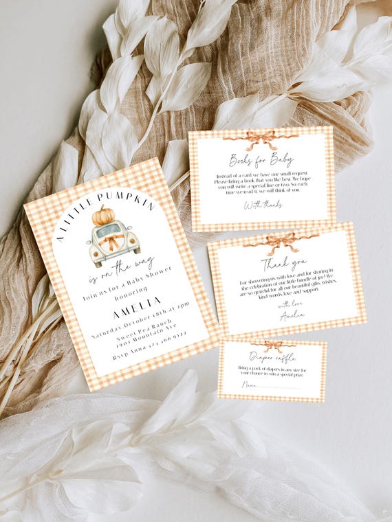 Fall Pumpkin Baby Shower Invitation Set: Gingham Bow Template (Digital Download) Printable  #fcs