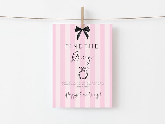 Bridal Shower Game Card, Find The Ring, Pink Stripes, Bow (Editable Printable) Digital #vss