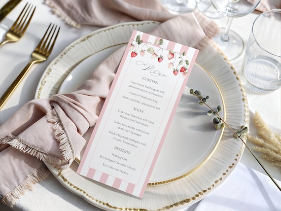 Strawberry Menu Card, Pink Striped Strawberries Table Menu, (Editable Printable) #rgb