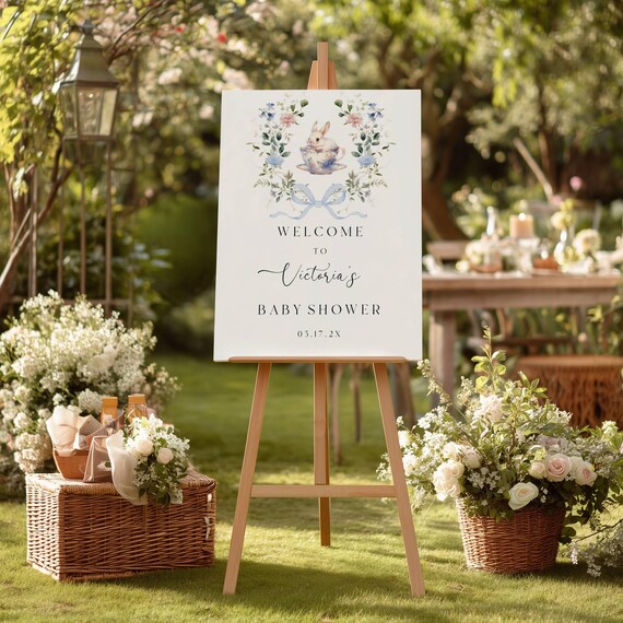 Wildflower Bunny Baby Shower Welcome Sign Template, Blue Bow (Printable,Editable) #wbb
