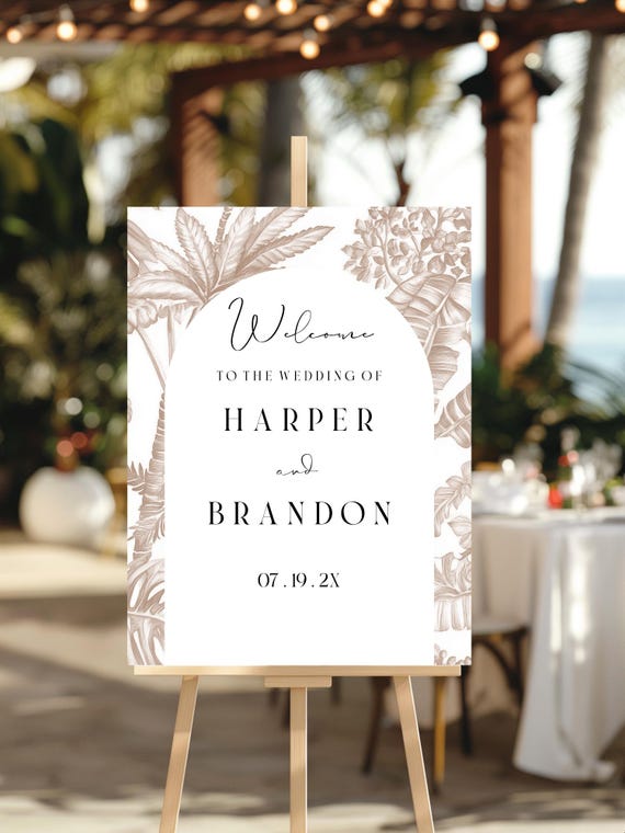 Tropical Wedding Welcome Sign Template: Beige Toile, Palm Trees (Digital Download) Editable #btt