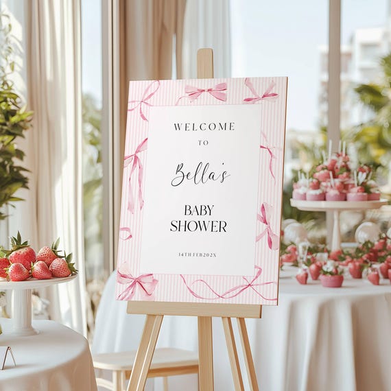 Pink Bows Baby Shower Welcome Sign : Pink Pinstripes, Elegant, (Editable Printable) Instant Download #rbp