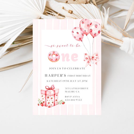 Strawberry First Birthday Invitation: Pink Party Invite (Printable)