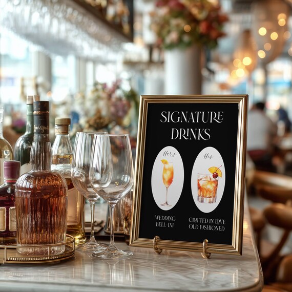 Signature Drinks Sign Template: Black Wedding Editable Cocktails, Bar Menu (Printable)
