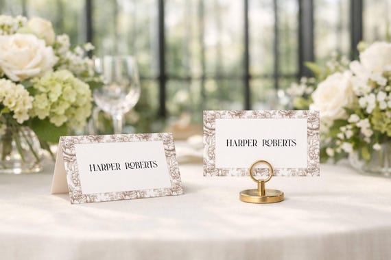 Neutral Toile Place Cards Template: Elegant Beige Floral Name Cards (Editable,Printable) #toi