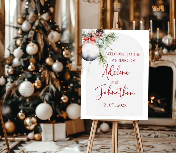Christmas Wedding Welcome Sign: Winter Foliage Template (Editable, Printable)