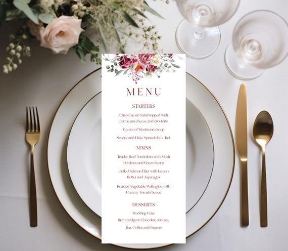 Burgundy Floral Wedding Menu Template, Printable (Editable,Digital) #Bur