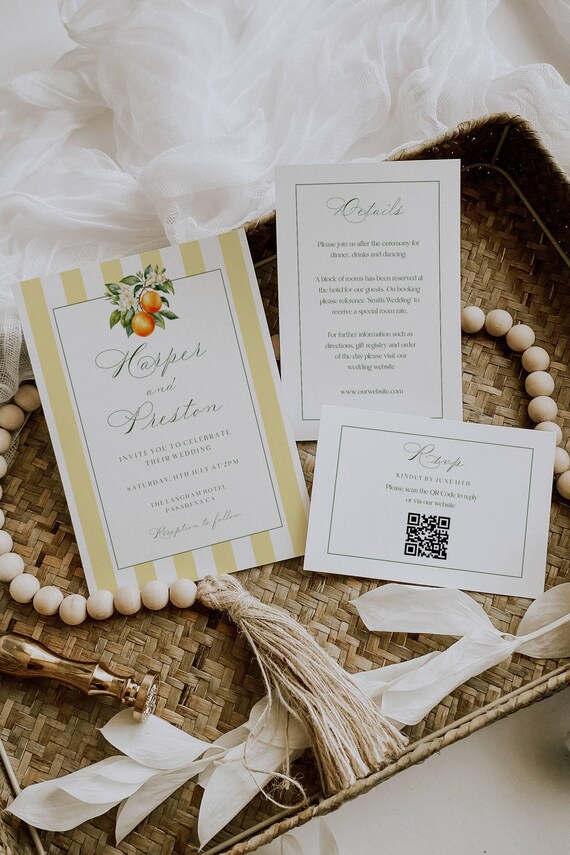 Orange Blossom Wedding Invitation Suite, Coastal, Striped, Mediterranean ( Editable Printable ) Digital #ost