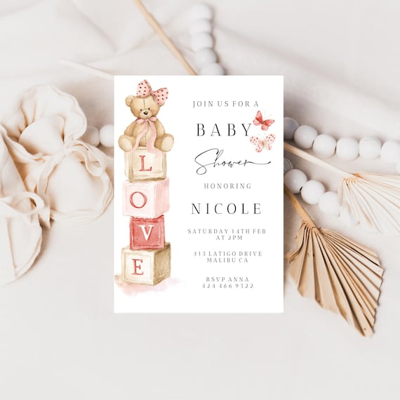 Modern LOVE Valentines Baby Shower Invitation : Teddy, Blocks (Editable Printable) Instant Download #vbb