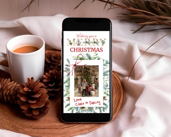 Personalized Photo Christmas E-Card: Green Foliage, Red Bow (Digital, Editable)