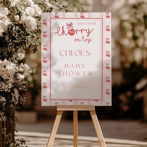 Cherry Baby Shower Welcome Sign, Pink bow, Welcome Template (Editable Printable) Instant Download #ccb