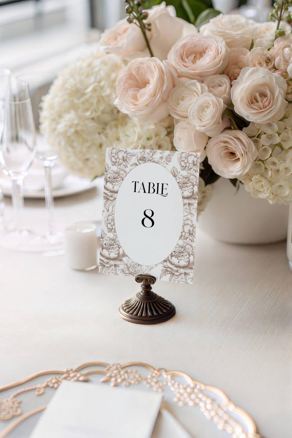 Neutral Toile Wedding Table Number : Beige Floral Table Sign/Card (Printable Editable) #toi
