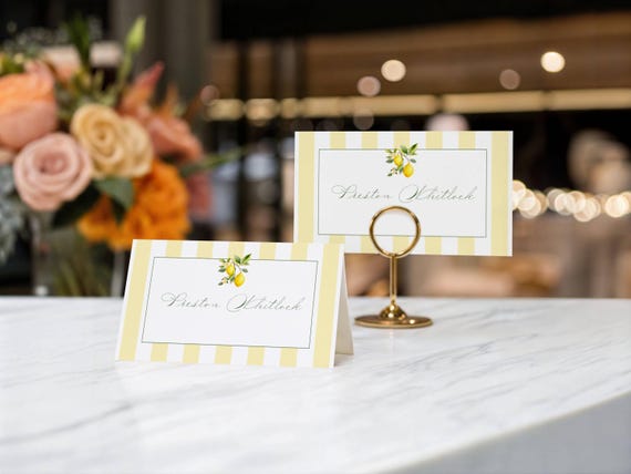 Lemons Wedding Place Card: Shower Name Card, Coastal, Striped, Mediterranean (Editable Printable) Digital #lgs
