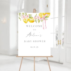 Plantilla de letrero de bienvenida para baby shower con diseño de limón, letrero de bienvenida con diseño de Sorrento en amarillo, letrero de bienvenida para baby shower con lazo rosa, letrero imprimible con diseño de flores de primavera #lem