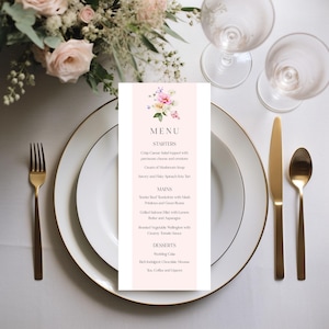 Plantilla de menú de boda con flores brillantes, menú de mesa imprimible con flores vibrantes, menú de flores de primavera, menú editable en rosa ruborizado, menú de boda #pan