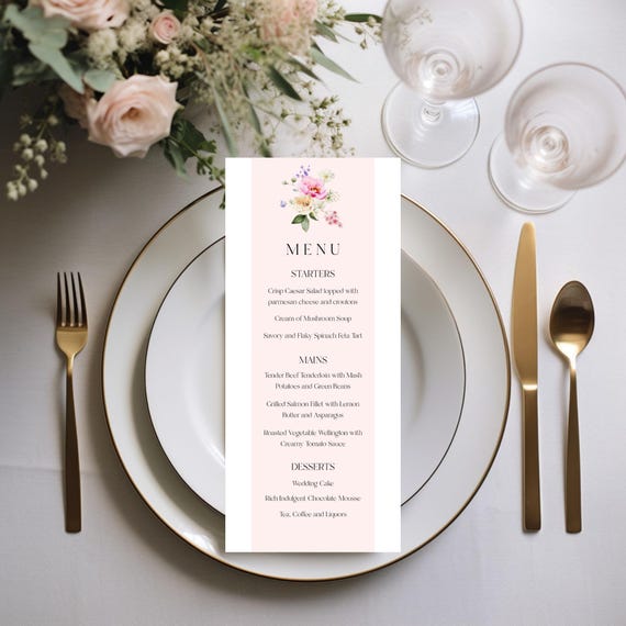 Floral Wedding Menu Template: Bright Blooms, Blush Pink (Digital Download) Editable #pan