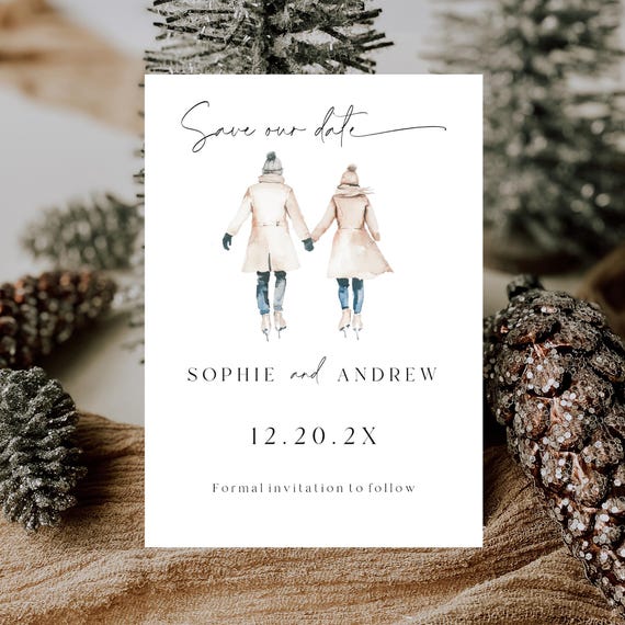 Winter Wedding Save the Date Template: Ice Skating Couple (Editable, Printable Evite)