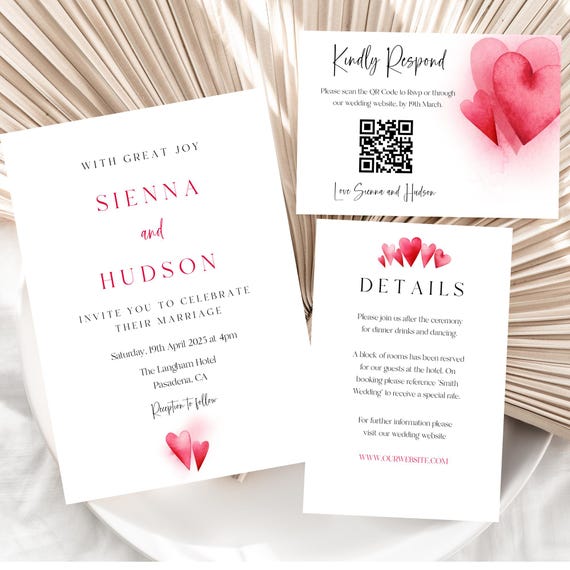 Modern Hearts Wedding Invitation Suite: Minimalist Valentine's Template (Printable)
