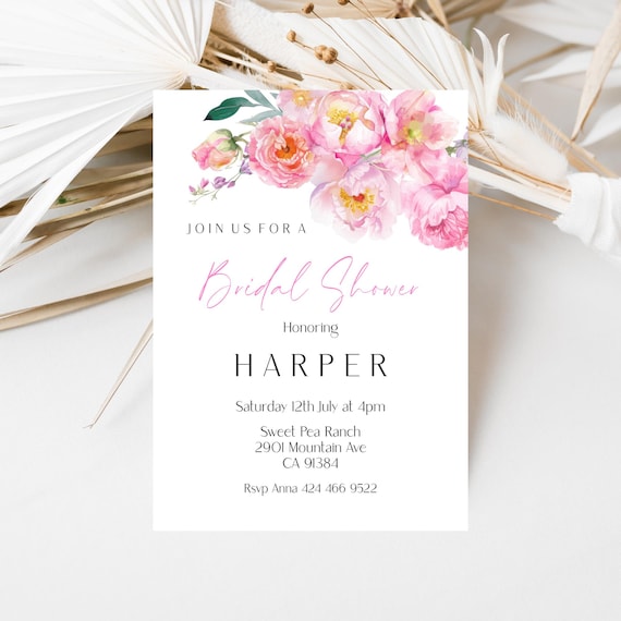 Floral Bridal Shower Invitation Template: Pink Peonies (Editable,Printable)