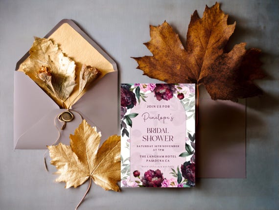 Burgundy Peony Bridal Shower Invitation Template: Floral Evite (Printable, Editable, Digital Download)