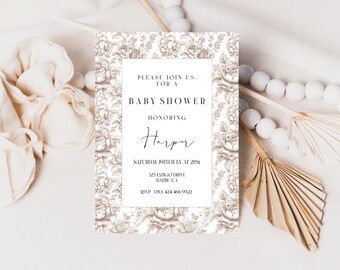 Neutral Toile Baby Shower Invitation Template: Elegant Beige Floral (Editable,Printable) #toi