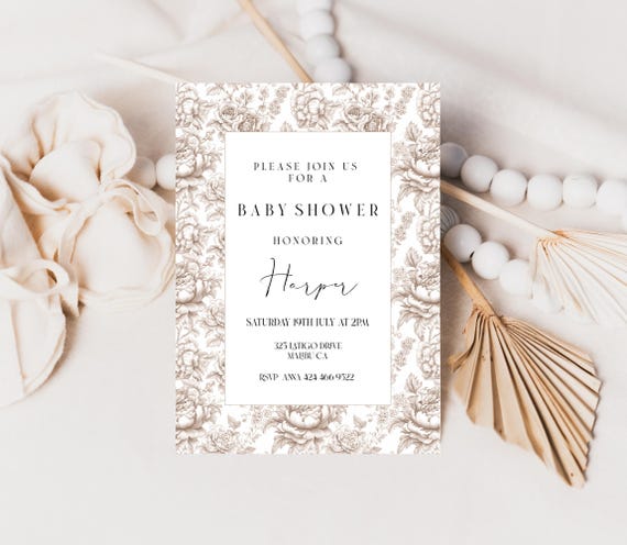 Neutral Toile Baby Shower Invitation Template: Elegant Beige Floral (Editable,Printable) #toi